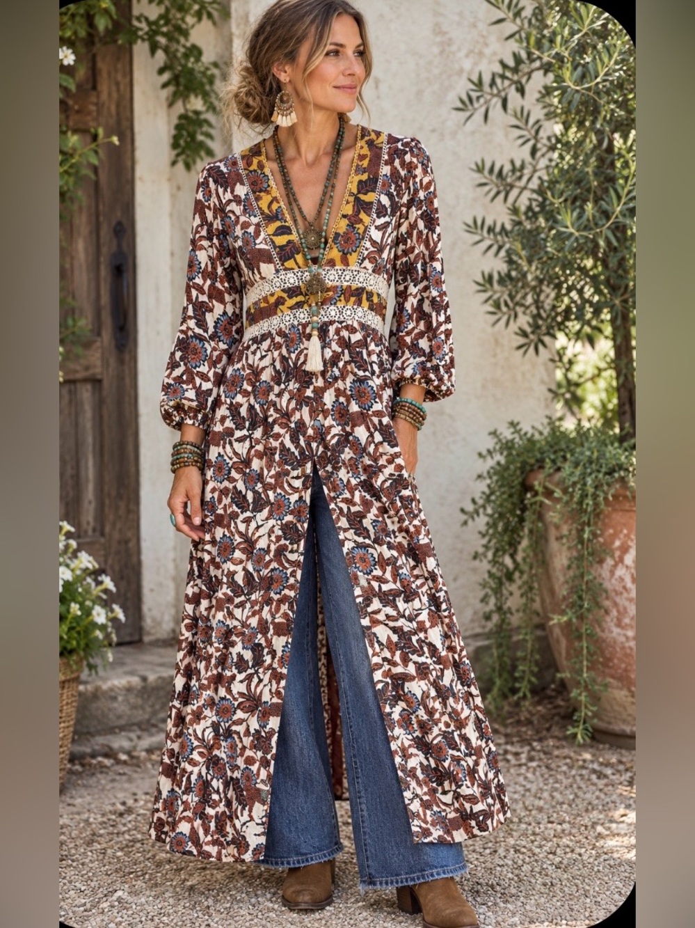 miami Brown and Cream Floral V‑Neck Maxi Tunic with crochet trim Tiger L/XL NWT